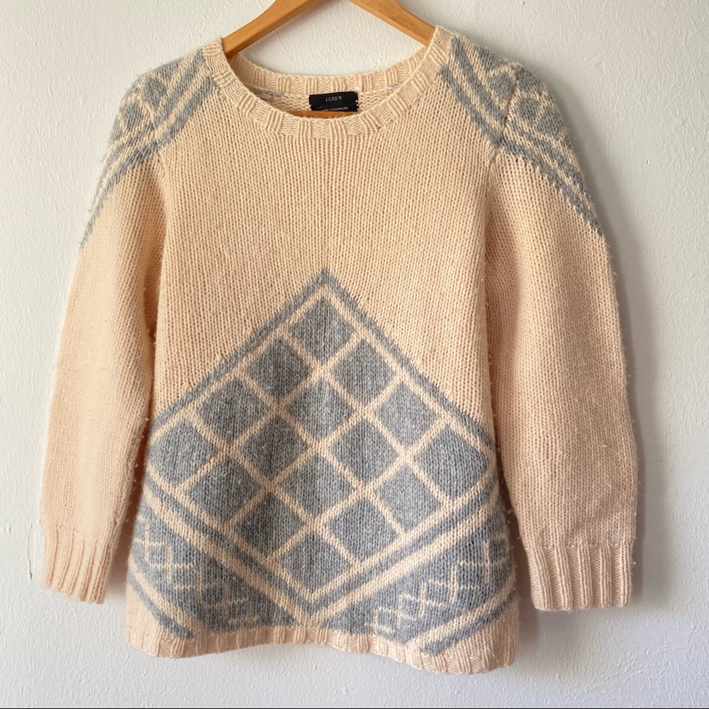 J Crew Wool Cashmere Blend Diamond Tile Pattern Long Sleeve Pullover Sweater
